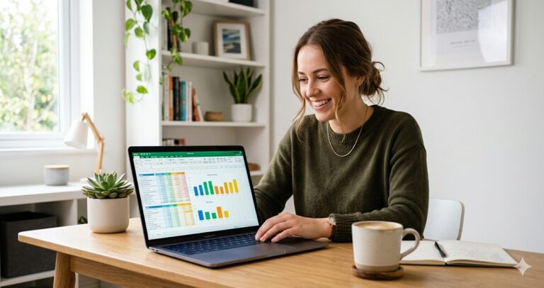 Person smiling at laptop using a free budget tracker Google Sheets template