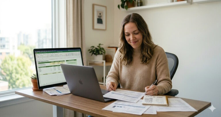 Person reviewing a debt payoff plan on a laptop using a free Google Sheets calculator