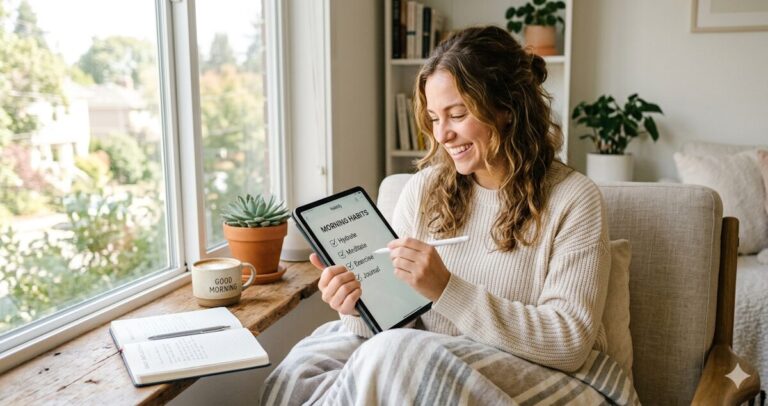 Person checking off daily habits on a laptop using a free Google Sheets habit tracker