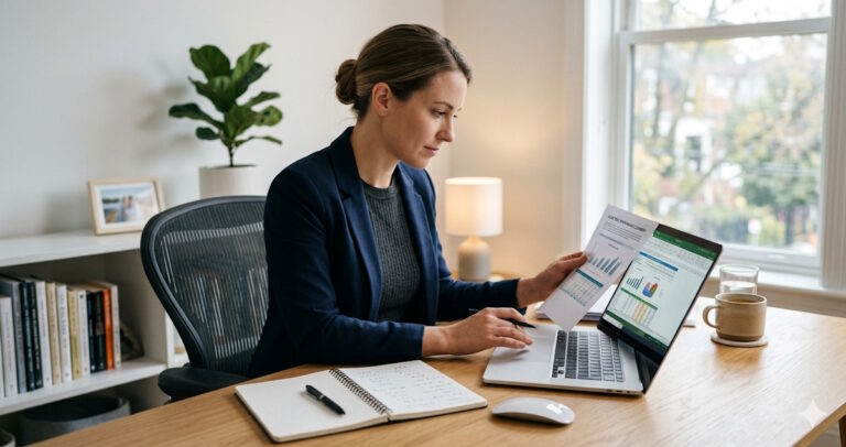 Person reviewing their net worth tracker spreadsheet on a laptop with financial notes nearby