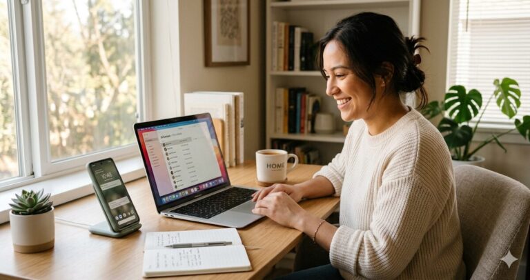 Woman checking in with a contact on her phone while using a personal CRM Notion template on her laptop