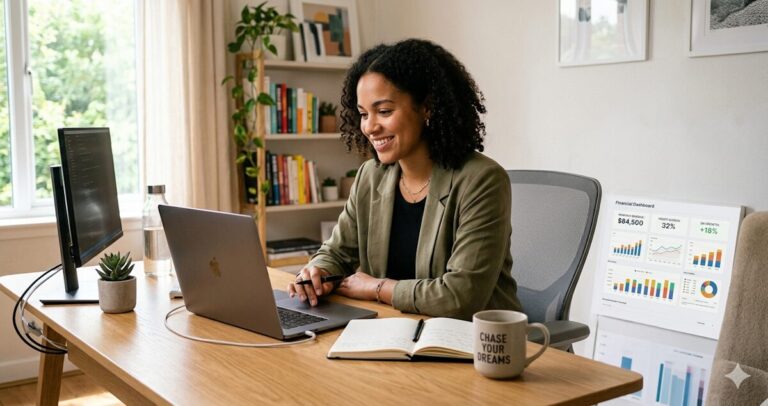 Person reviewing their personal finance dashboard on a laptop using a free Google Sheets template