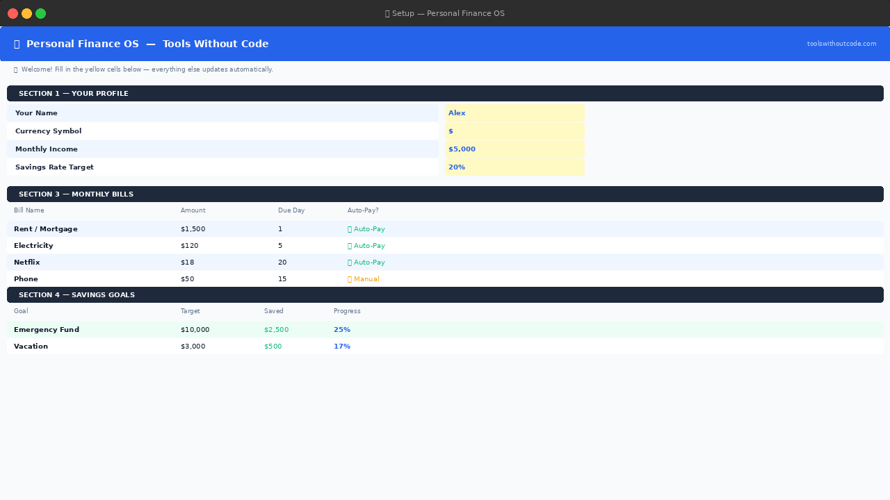 Setup tab of the personal finance google sheets template showing profile, monthly bills, and savings goals sections with yellow input cells