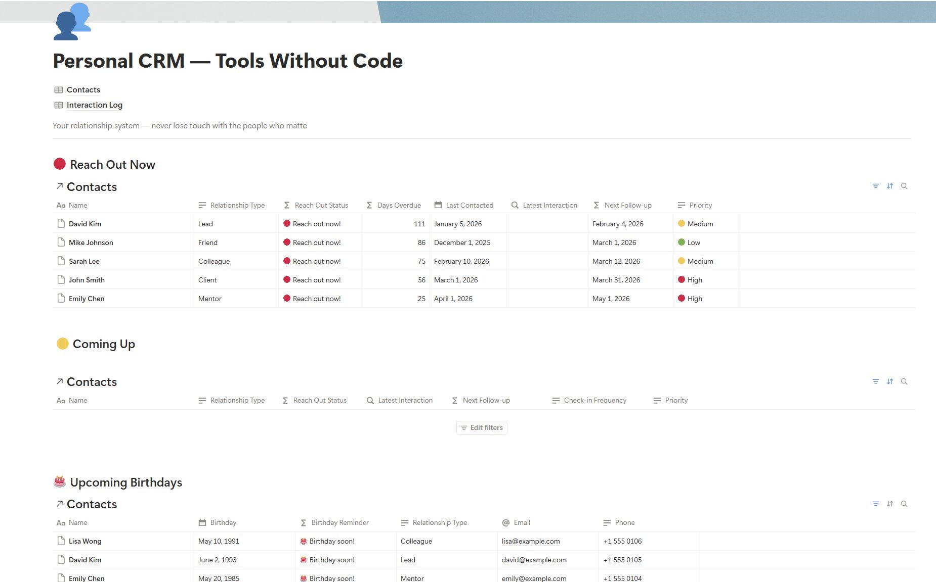 Personal CRM Notion template dashboard showing Reach Out Now, Coming Up, Upcoming Birthdays and Recent Interactions sections
