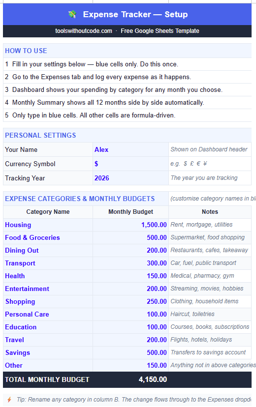 Setup tab of the expense tracker Google Sheets template — name, currency, year and 12 customisable expense categories with monthly budgets