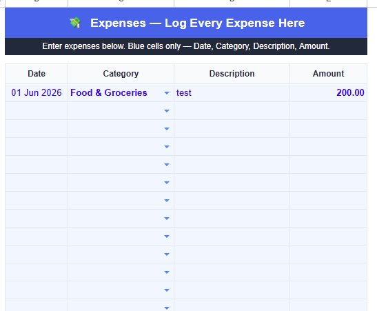 Expenses tab of the expense tracker Google Sheets template showing date, category dropdown, description and amount columns with sample data