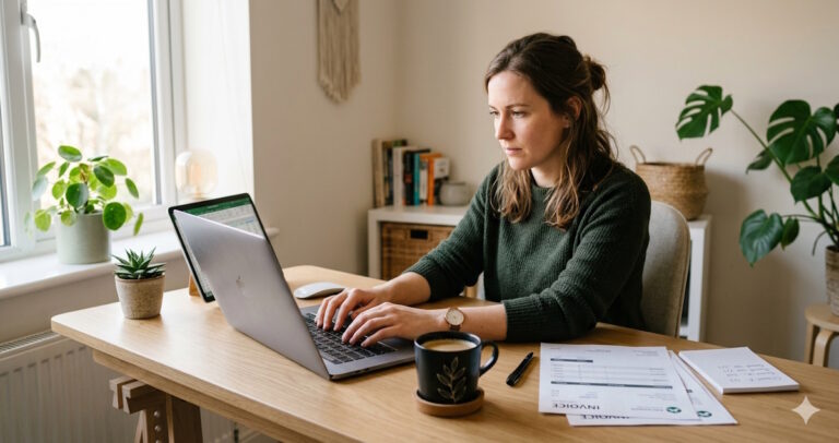 Freelancer tracking invoices on a laptop spreadsheet at a home office desk