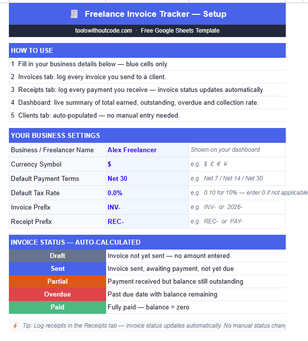 Setup tab of this google sheets invoice tracker showing business name, currency, payment terms, tax rate and invoice prefix settings