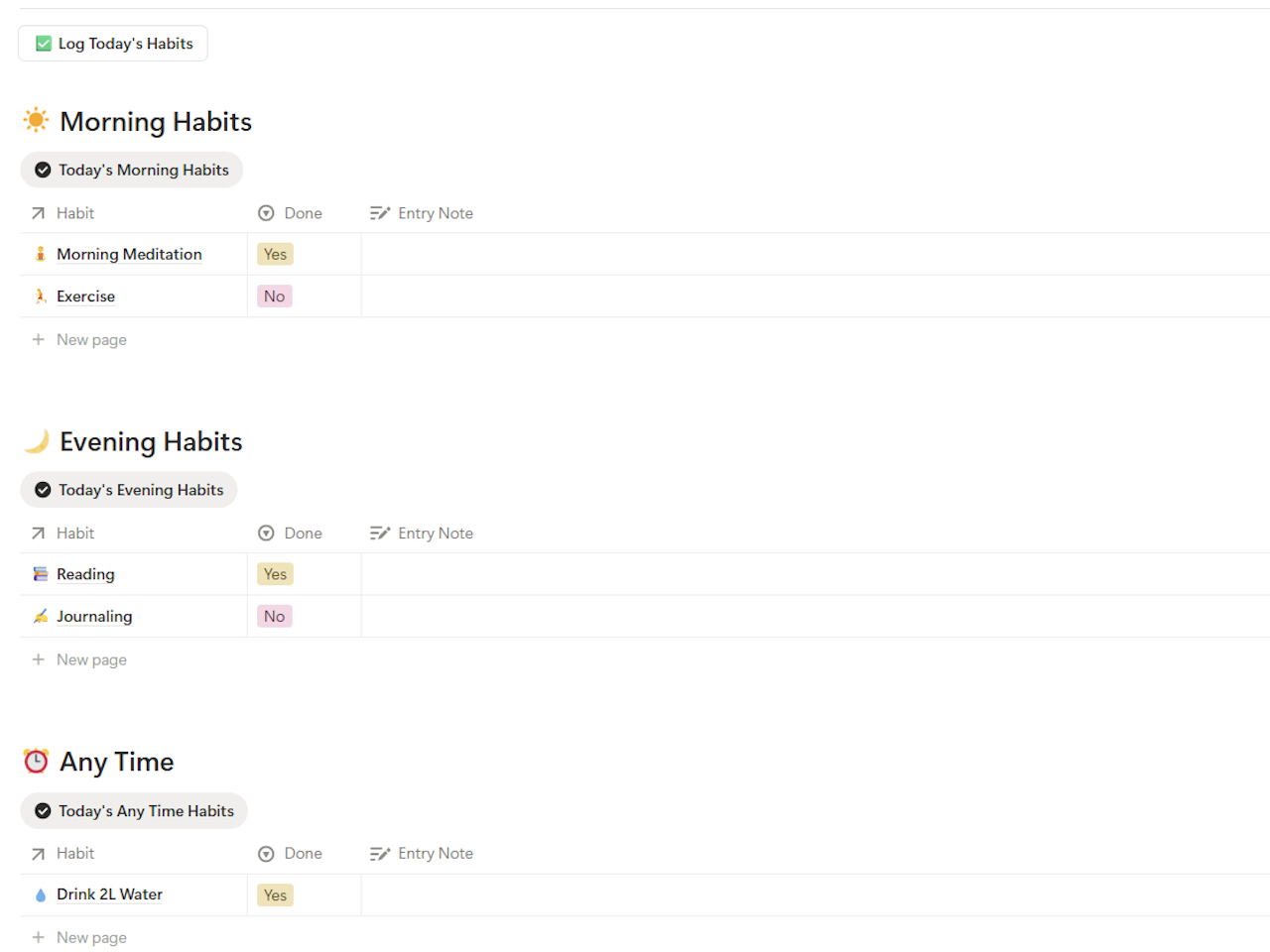 Notion habit tracker template free version dashboard with AM/PM routine split and one-tap daily logging
