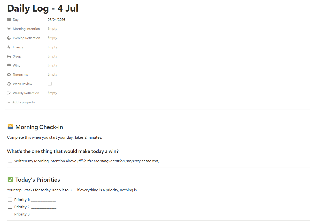 Notion Life OS template guided daily log with morning and evening prompts