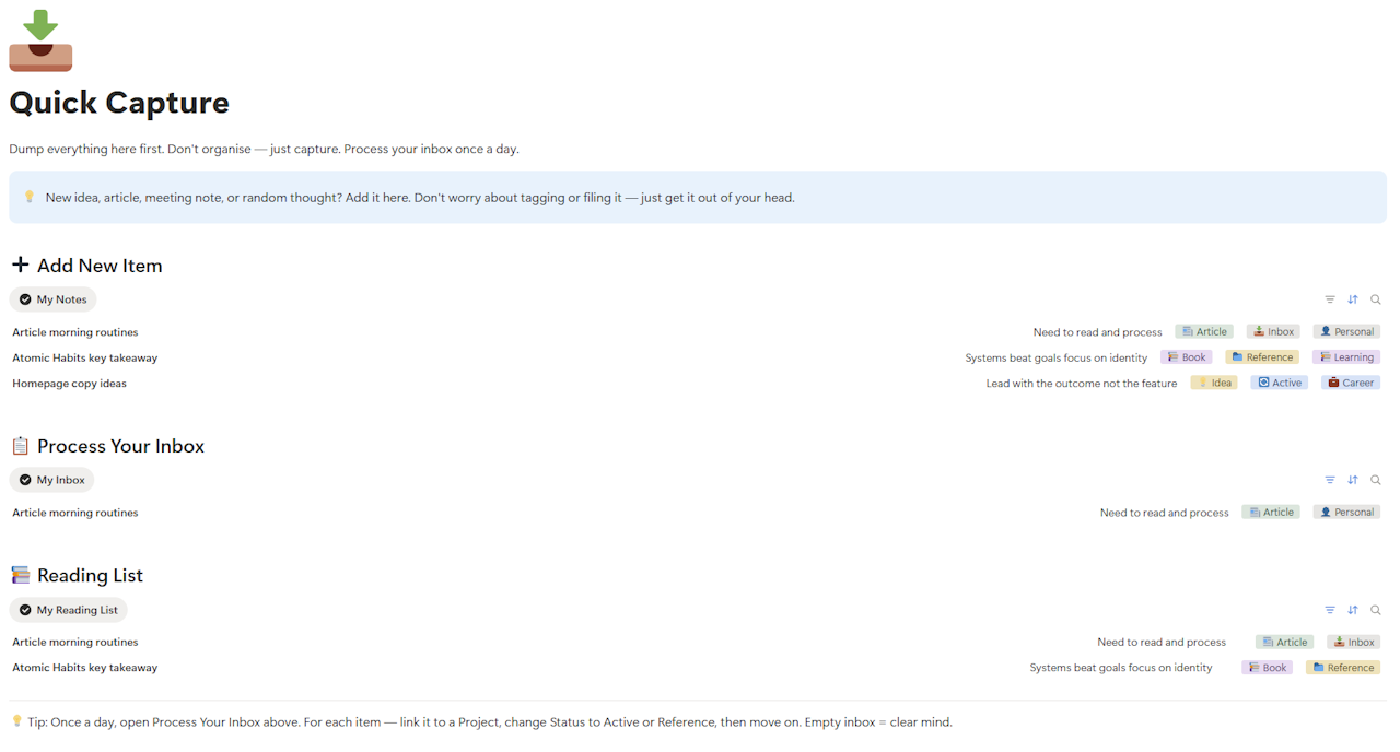 Notion Life OS template quick capture inbox with notes and reading list