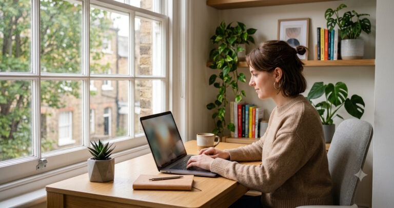 Freelancer working at a laptop, representing organized client and invoice management with a Notion Freelancer CRM template