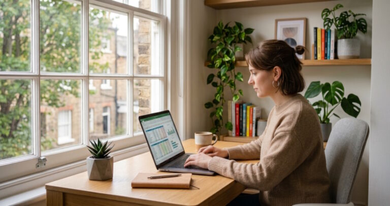woman reviewing a cash flow forecast template on a laptop in a home office