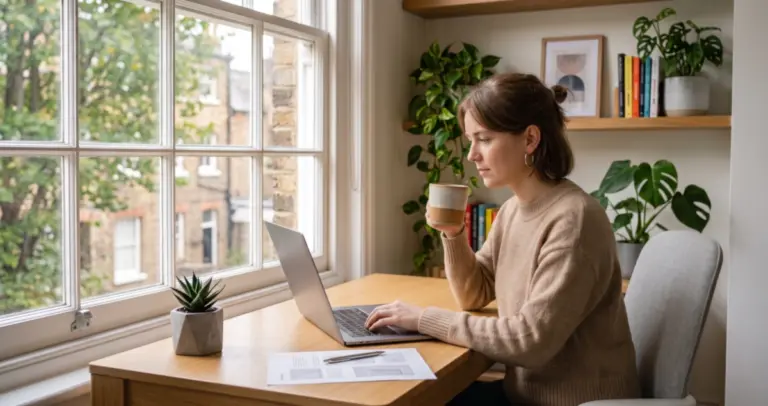 Small business owner reviewing a cash flow statement template on a laptop at her studio desk