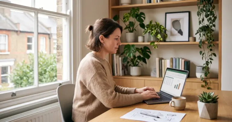 Small business owner reviewing a cash flow statement example on a laptop