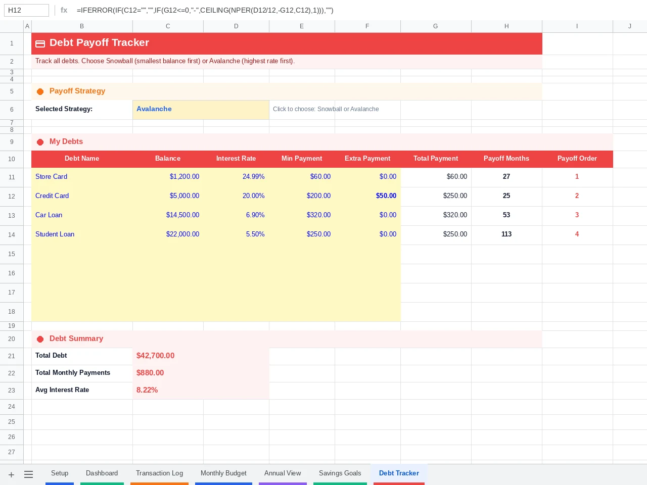 Free Google Sheets budget template debt tracker using the Avalanche method with payoff months for four debts