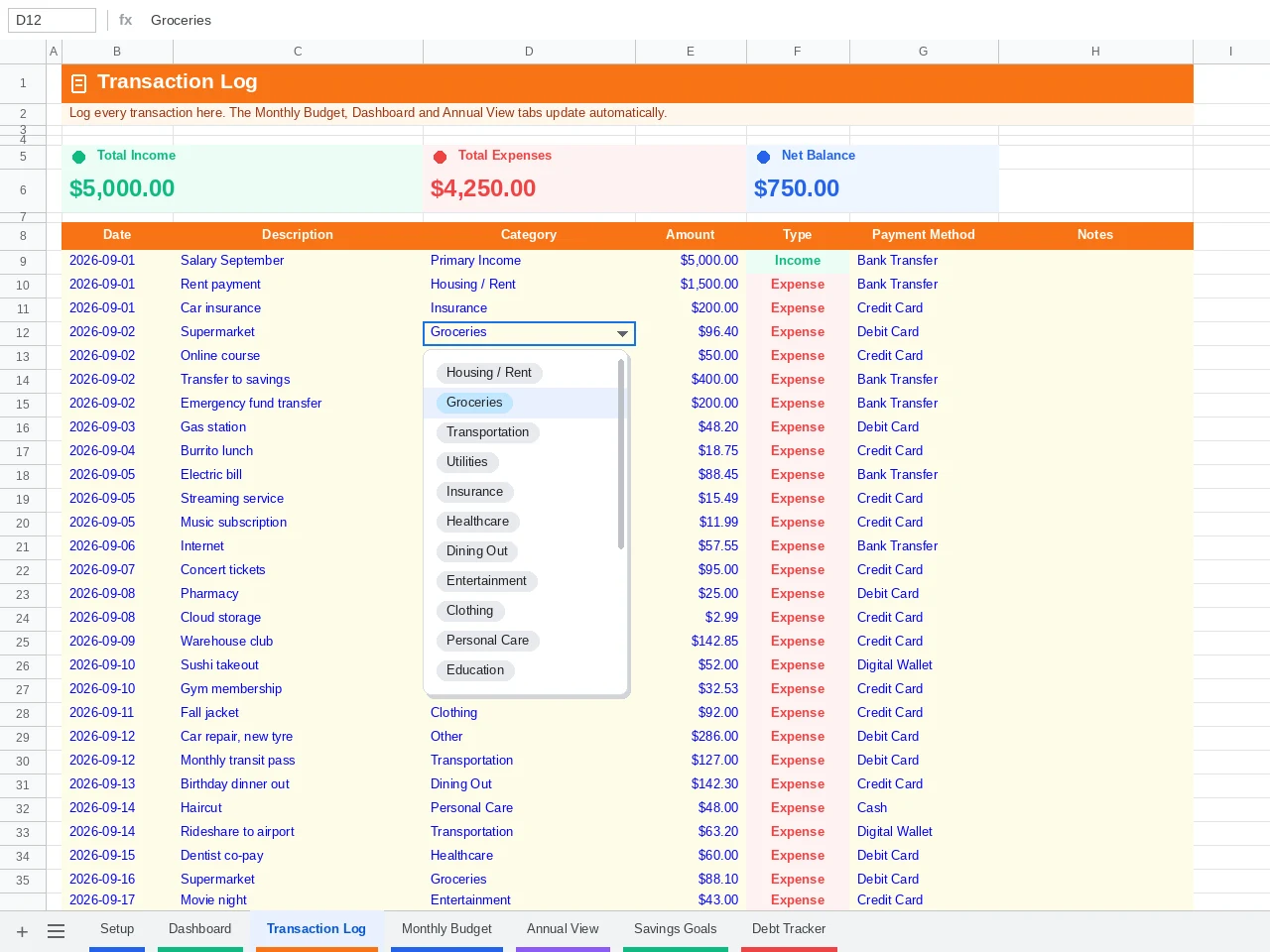 Free Google Sheets budget template transaction log with the category dropdown open, listing expense and income categories