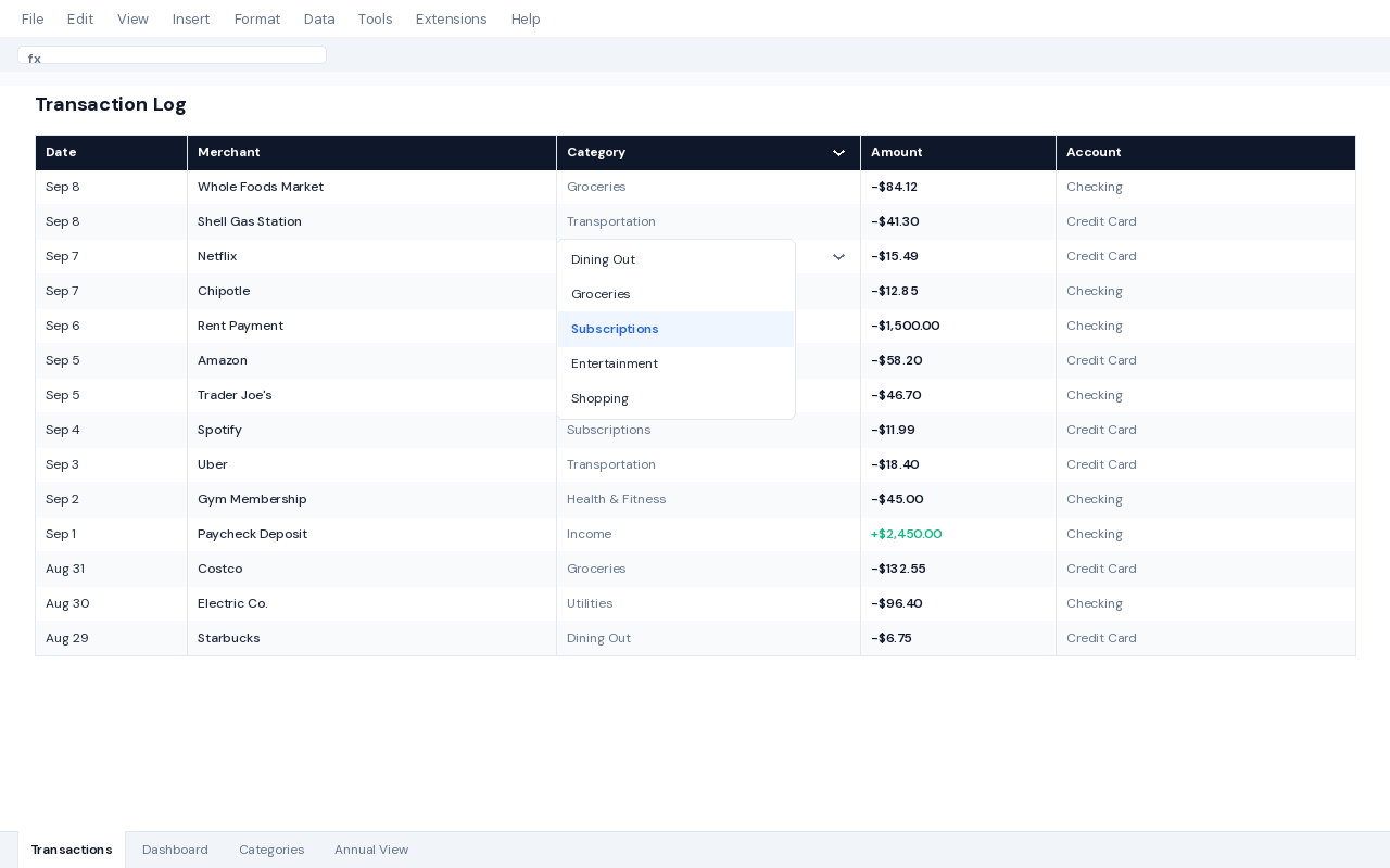 Google budgeting app transaction log with category dropdowns in Google Sheets