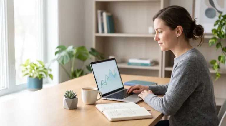 Freelancer reviewing a weekly cash balance chart while comparing cash flow forecasting software on a laptop