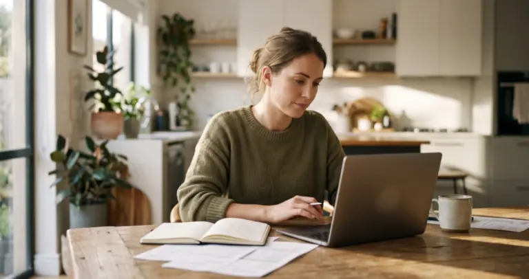 Woman reviewing statements at a kitchen table to plan the debt avalanche method