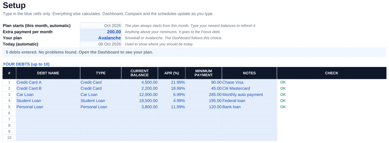 Debt payoff calculator Google Sheets Setup tab showing debt names, balances, interest rates and minimum payments with a Check column