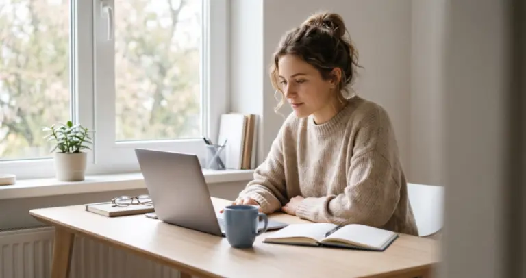 Woman reviewing her Notion free plan workspace on a laptop at a bright desk